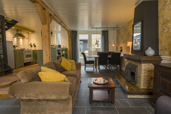 Smart TV, fireplace, books, video library