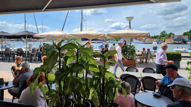 Een terras met tafels en parasols, met uitzicht op een jachthaven met boten en een waterkant.