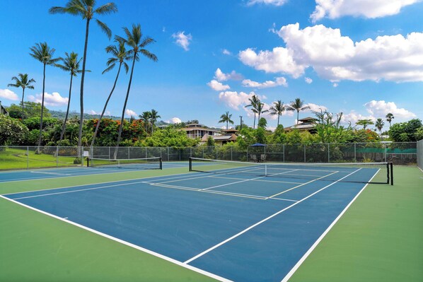 Un court de tennis avec un filet, entouré de palmiers et avec des maisons en arrière-plan.