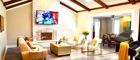 Smart TV, fireplace, stereo, offices