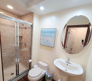 Shower, hair dryer, towels, soap