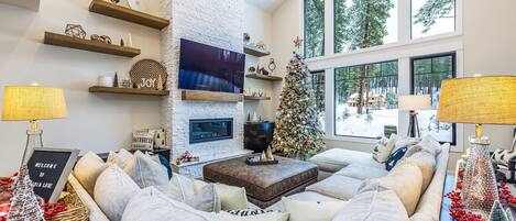 TV connectée, cheminée, jeux vidéo, lecteur de DVD