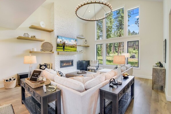 Smart TV, fireplace, video games, DVD player