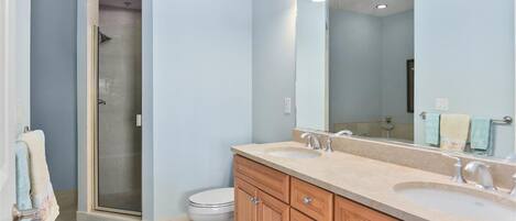A bathroom with a shower, toilet, double sinks, and a large mirror.