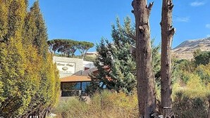 A modern building with a glass facade, surrounded by tall trees and a clear blue sky. - Rami Hotel (Falougha-Khalouat)