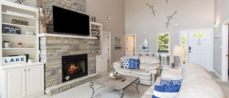 Smart TV, fireplace, foosball