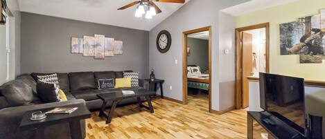 Smart TV, fireplace, foosball