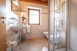 Shower, hair dryer, bidet, towels