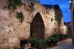 A stone wall with a metal gate and potted plants. - 4 Guests - Veneris Residence Apartment in Chania (Chania)