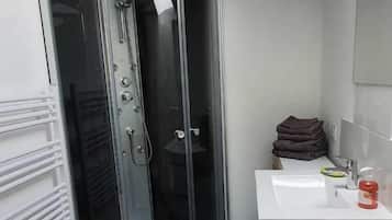 Shower, hair dryer, soap, shampoo