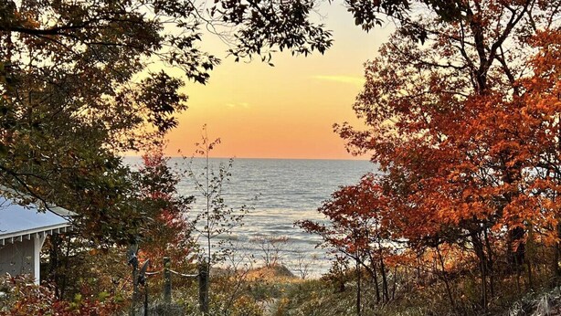 Un sentier côtier menant à une plage bordée d’arbres aux couleurs automnales et où se trouve un petit bâtiment.