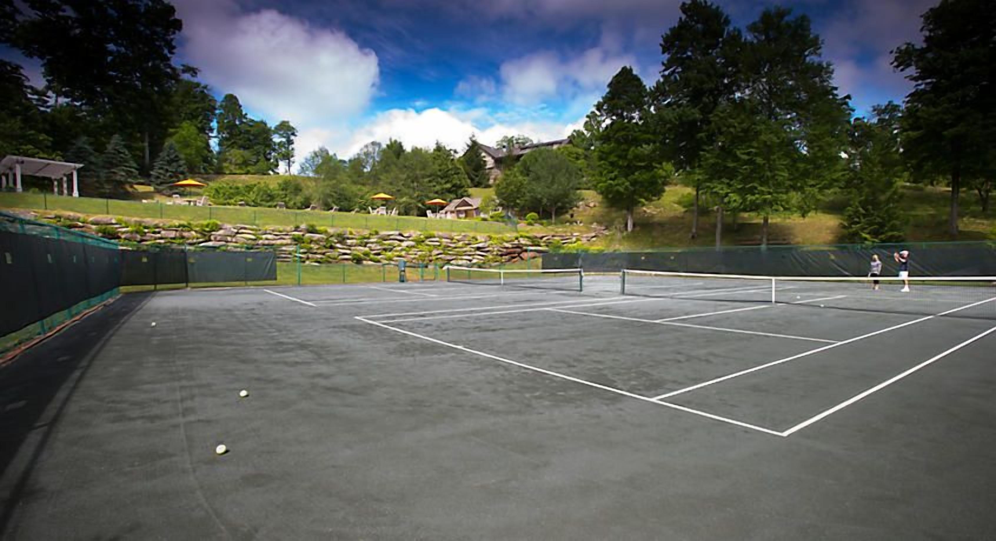 Un court de tennis en plein air, doté d’un filet, entouré d’arbres et avec quelques bâtiments visibles au loin.