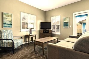 TV, DVD player, video library, stereo