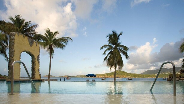 A swimming pool with a stone archway, palm trees, and a view of the sea.