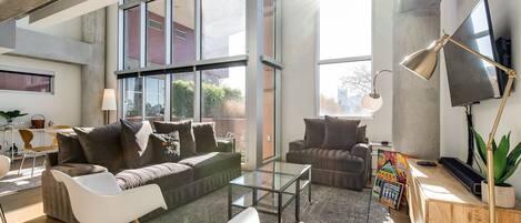 TV, books, music library, stereo