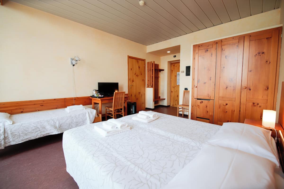 A hotel room with two beds, a desk with a chair, a television, and wooden wardrobes.