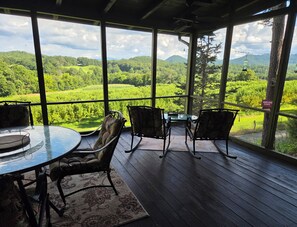 A covered outdoor seating area with a table and chairs, overlooking a lush green landscape. - Mountain view cabin, fully remodeled, huge screen in porch with panoramic view. (Franklin)