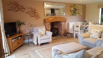 Smart TV, fireplace, DVD player, books