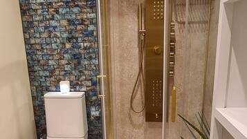 Shower, eco-friendly toiletries, hair dryer, towels
