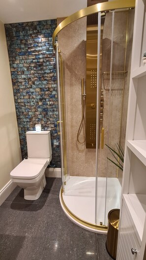 Shower, eco-friendly toiletries, hair dryer, towels