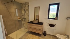 Regadera, secadora de cabello, bidet, toallas 