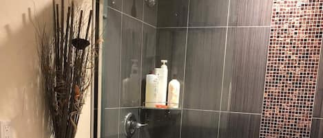 Douche, serviettes fournies, savon, shampoing