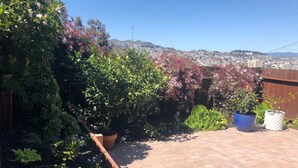 Un jardín en la azotea con diferentes macetas y vistas a un paisaje urbano al fondo.