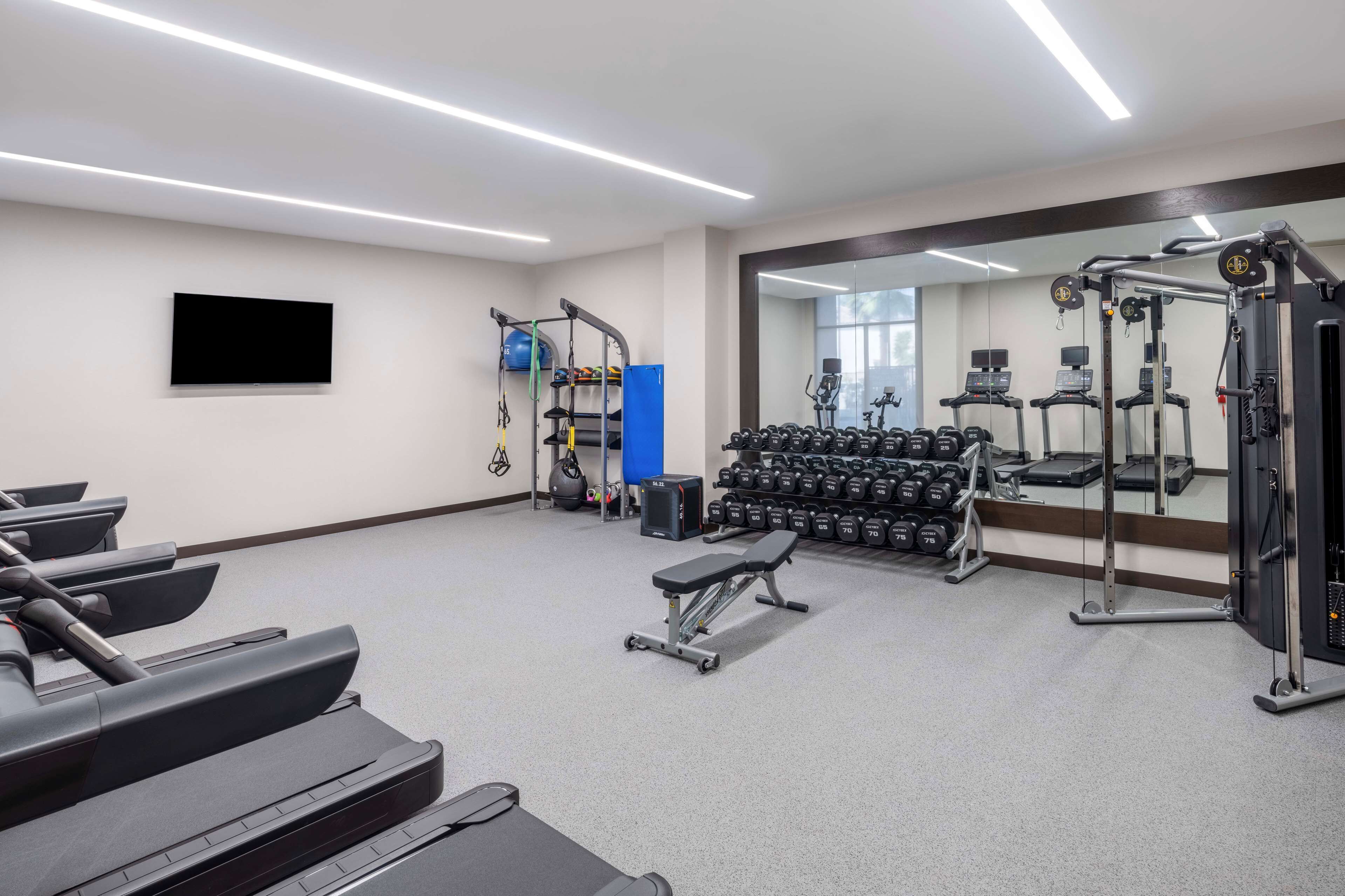 Un gimnasio moderno con cintas de correr, una prensa de banca, mancuernas y máquinas de ejercicio.