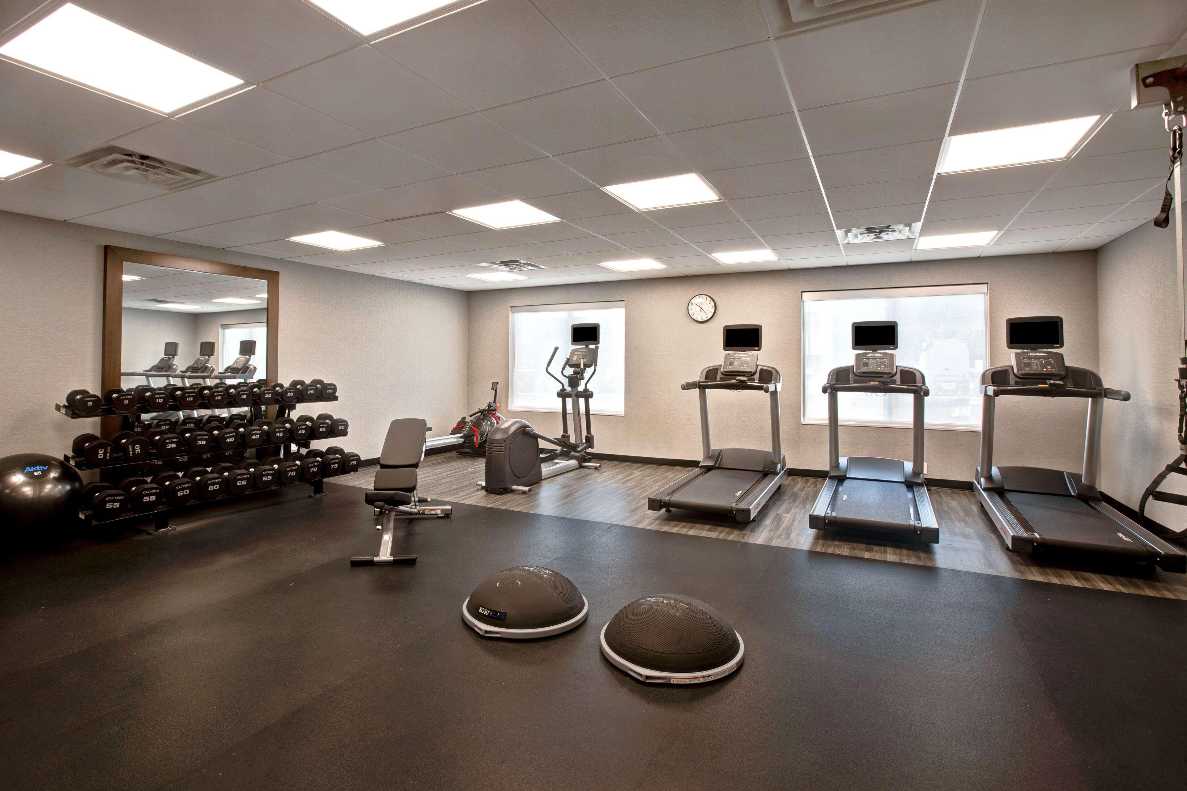 A gym with treadmills, dumbbells, and exercise balls.
