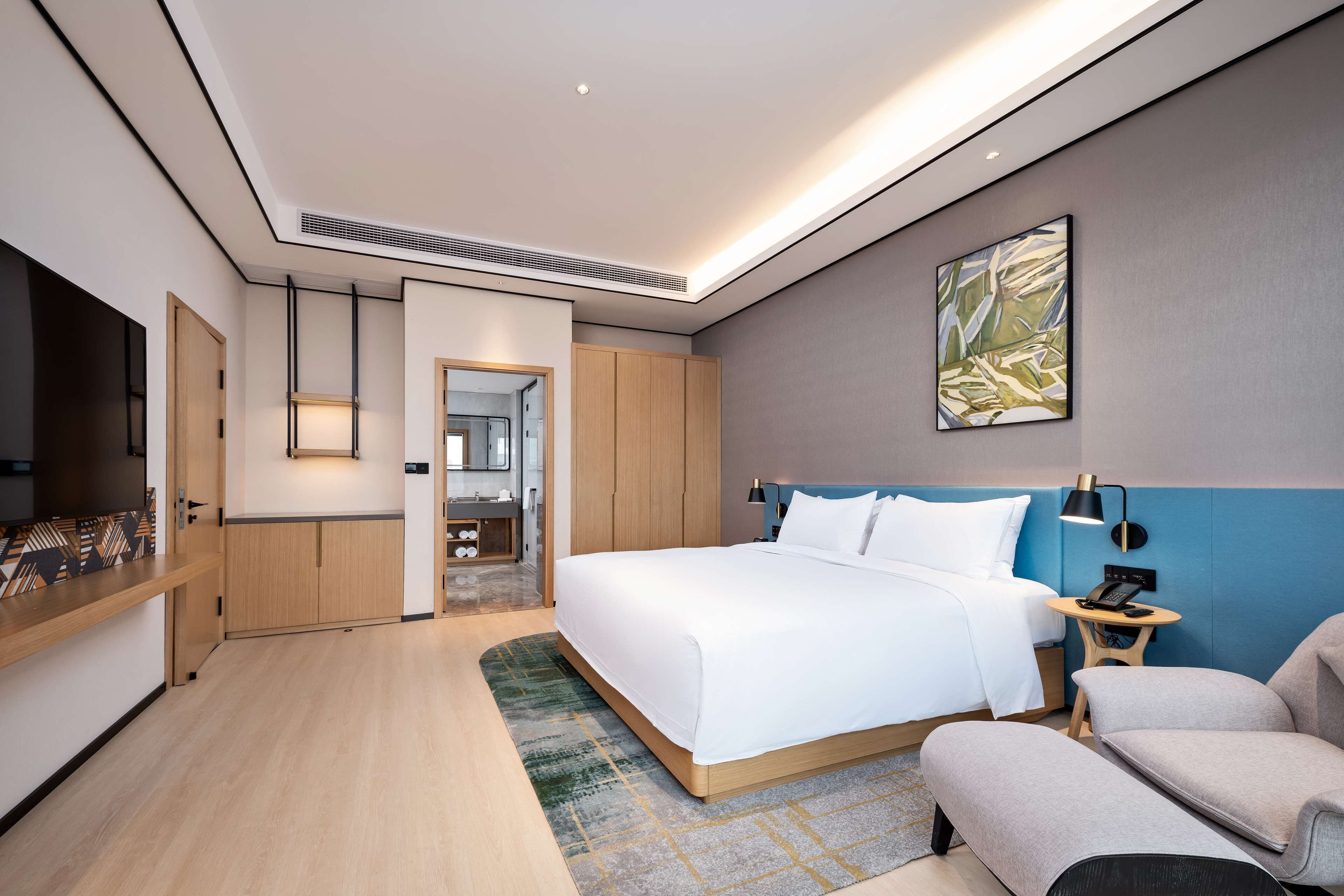 Una habitación de hotel moderna con una cama grande, un escritorio, una silla y un televisor.