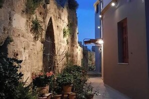 A narrow alleyway with a stone wall on one side and a building on the other. There are potted plants and a metal gate.