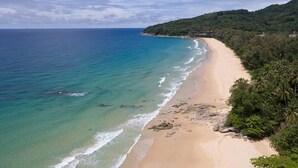 A coastal beach with clear waters, a sandy shore, and a forested hillside.
