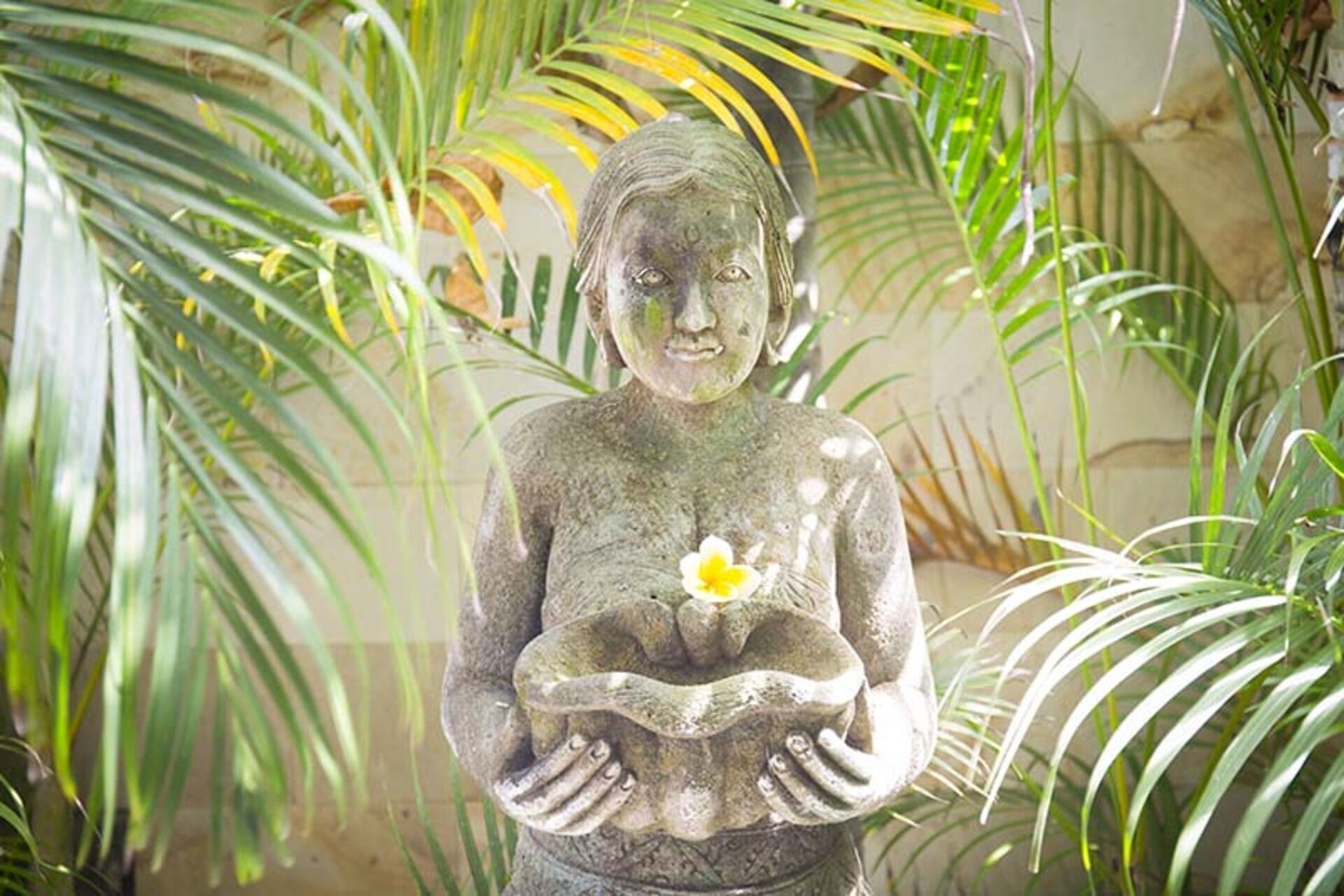A statue of a figure holding a flower, surrounded by green foliage.