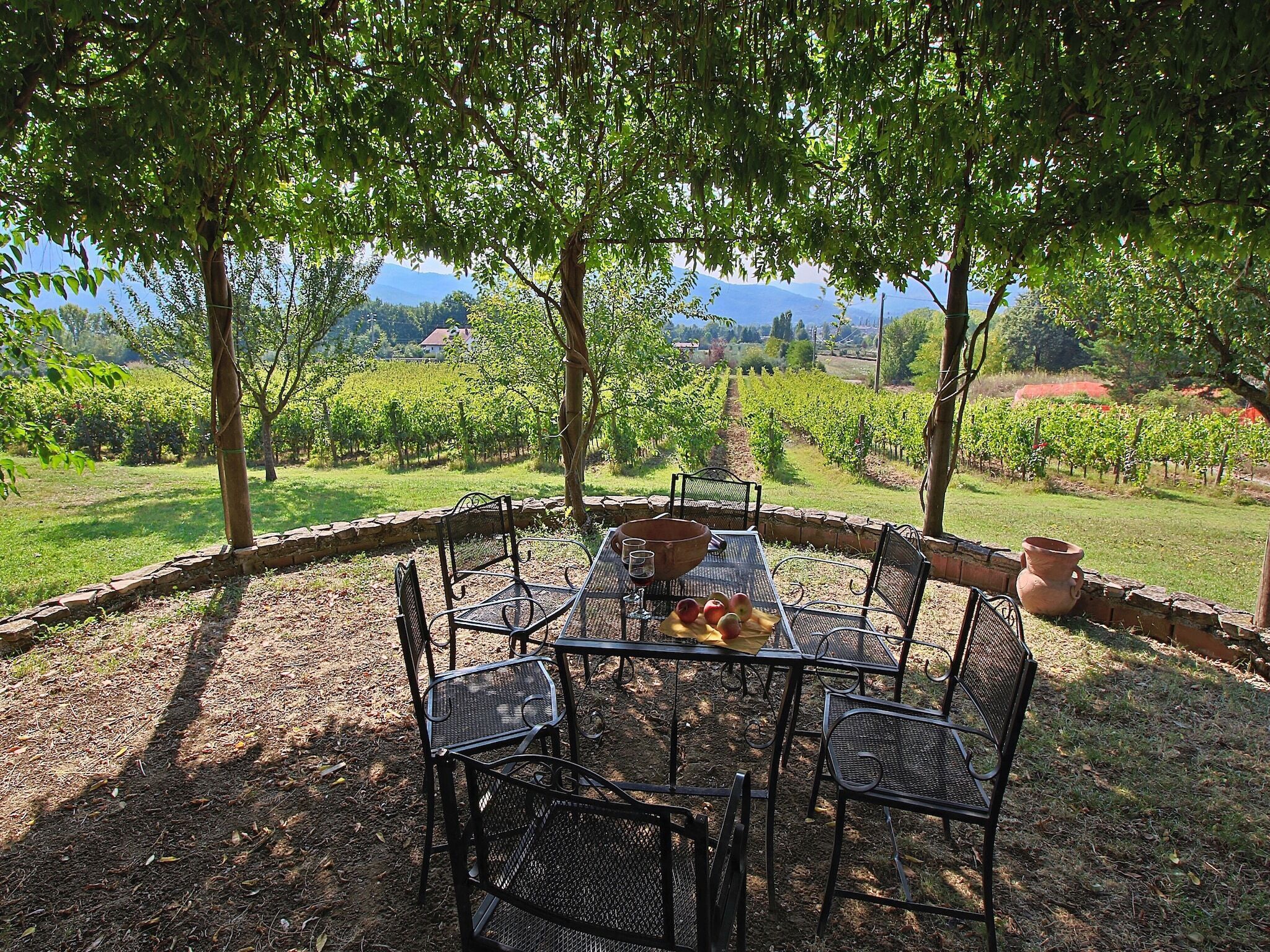 Une table installée à l’extérieur, avec des chaises, entourée d’un mur de pierre et d’arbres, et offrant une vue sur un vignoble.