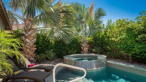 Zona de piscina con sillas de descanso, jacuzzi y palmeras.