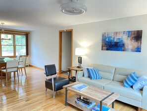 Smart TV, fireplace, books, offices