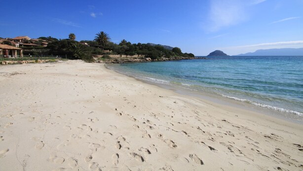 Una playa arenosa con huellas, cielo azul despejado y una montaña distante.