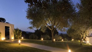 A well-lit pathway in a landscaped area with trees and modern architecture.