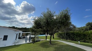 A modern house with a white exterior, a patio with outdoor furniture, and a large tree in the foreground.