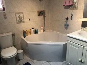 Baignoire, sèche-cheveux, savon, papier toilette