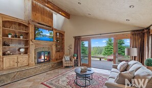 Televisión, chimenea y libros