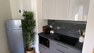 Fridge, microwave, stovetop, coffee/tea maker