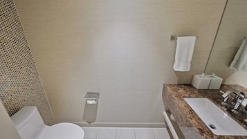Un baño con inodoro, lavabo y ducha.