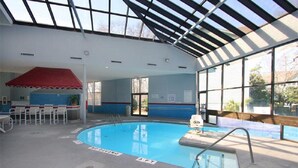 Una piscina interior con zona de trampolín, un toldo rojo y vistas al exterior a través de amplias ventanas.