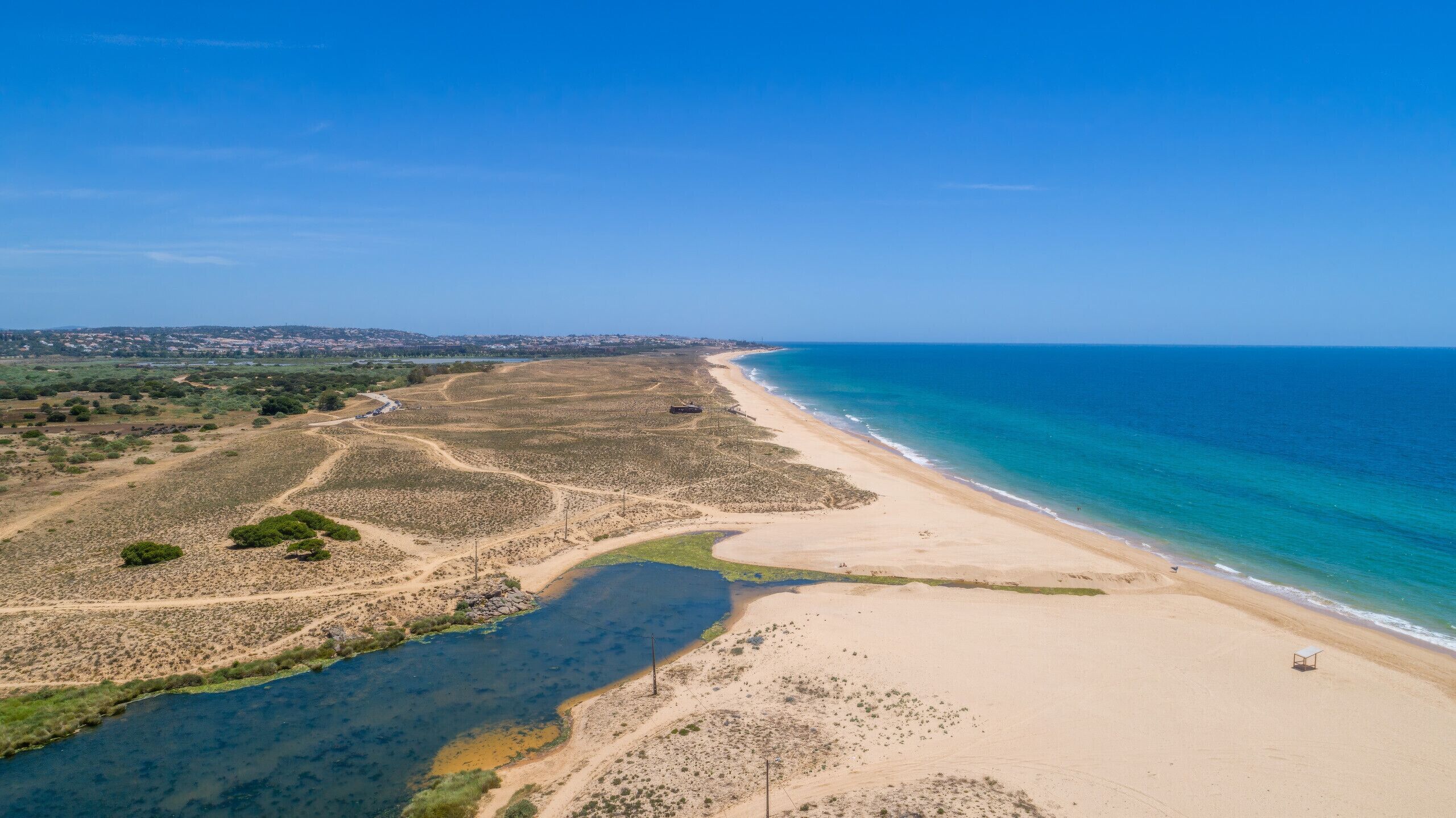 A coastal landscape with a beach, a clear blue sky, and a distant cityscape.