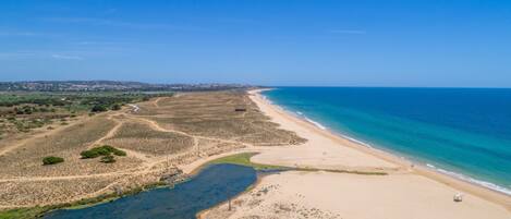 A coastal landscape with a beach, a clear blue sky, and a distant cityscape.
