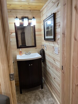 A wooden-paneled bathroom with a sink, mirror, and overhead lights. - Perfect Getaway! Secluded Modern 3 Bedroom, 2 Bath Cabin on 12.5 Private Acres (Baldwin)