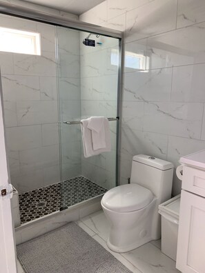 Shower, hair dryer, towels, soap
