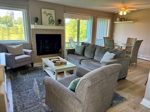 Smart TV, chimenea, reproductor de DVD y libros