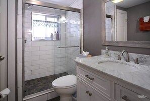 Combined shower/bathtub, hair dryer